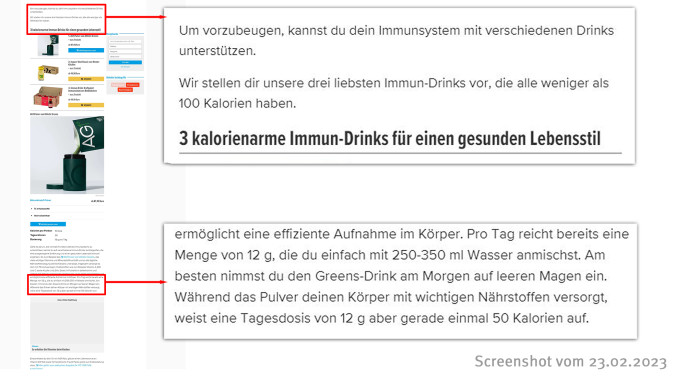Werbung für Immundrinks, Gesunder Jahresstart: 3 Immun-Drinks unter 100 Kalorien, fitforfun.de/shopping, 23.02.2023