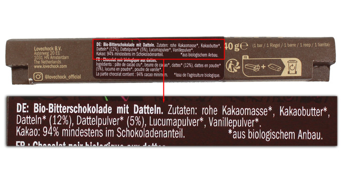 Bezeichnung + Zutaten, Love Chock Extra Pur 94 % Kakao