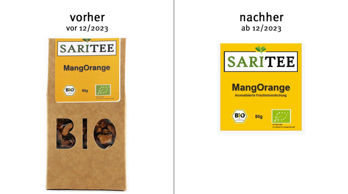 alt: Saritee MangOrange, vor 12/2023; neu: Saritee MangOrange, aromatisierte Früchteteemischung, ab 12/2023, Herstellerfoto