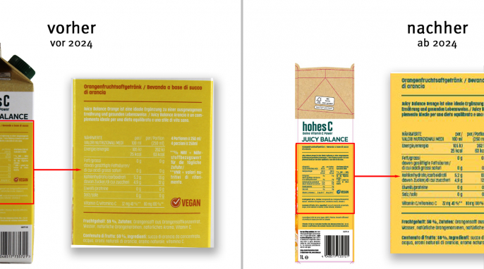 alt: Design, hohes C Juicy Balance Orange, vor 2024; neu: ab 2024 Herstellerfoto
