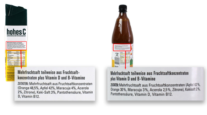 Zutaten Flasche + Tetrapak, hohes C Plus Sonnenvitamin D