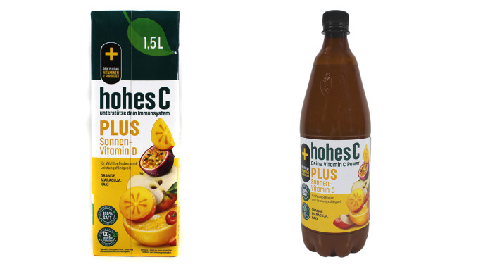 Flasche + Tetrapak, hohes C Plus Sonnenvitamin D