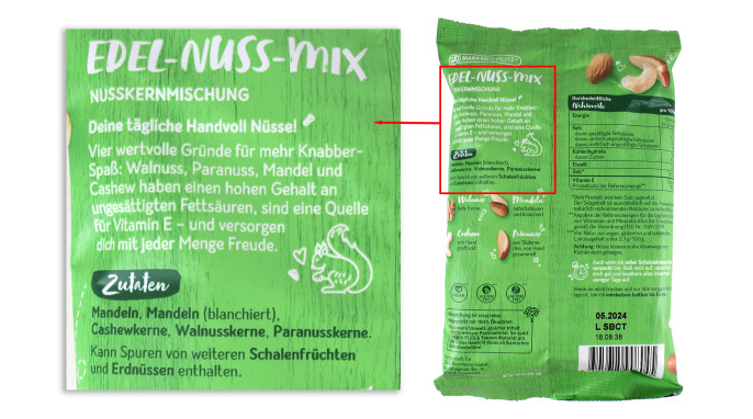 Bezeichnung + Zutaten, Rossmann Genuss Plus Edel-Nuss Mix