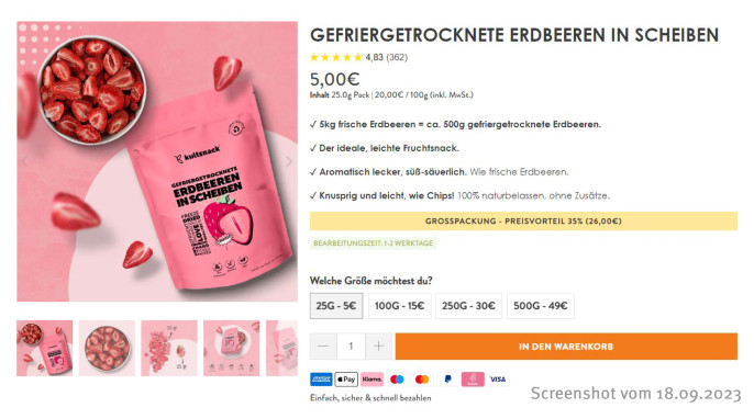 Angebot, Kultsnack gefriergetrocknete Erdbeeren, kultsnack.com, 18.09.2023  