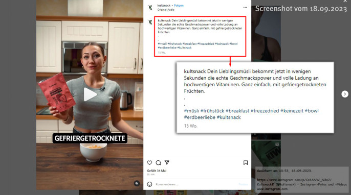 Werbung, Kultsnack gefriergetrocknete Erdbeeren, kultsnack, instagram, 18.09.2023  