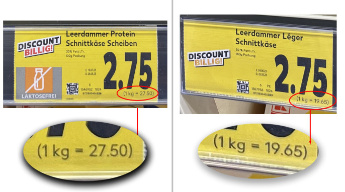 Preisschilder, Leerdammer Protein und Léger  