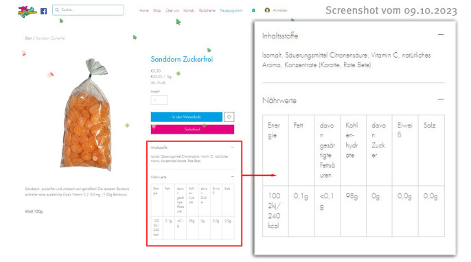 Zutaten + Nährwerte, Sanddorn zuckerfrei, tksuesswaren.com, 09.10.2023