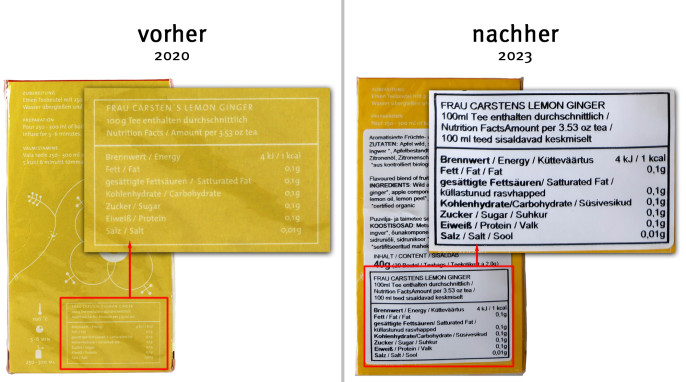 alt: Nährwerte, Frau Carsten’s Lemon Ginger, 2020; neu: 2023 