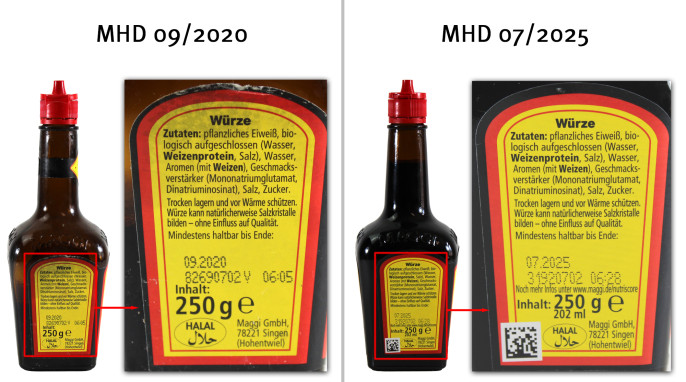 Zutaten + Füllmenge, Maggi Würze, MHD 09/2020 und MHD 07/2025