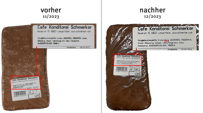alt: Zutaten, Café Konditorei Schmerker Honiglebkuchenplatte, 11/2023; neu: 12/2023, Herstellerfoto
