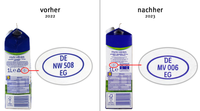 alt: Identitätskennzeichen, Milbona Frische Weide-Vollmilch, 2022; neu: Frische Weidemilch, 2023 