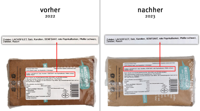 alt: Zutaten, Deutsche See Lachsstremel Bunter Pfeffer, 2022; neu: Lachsstremel Pfeffer, 2023 