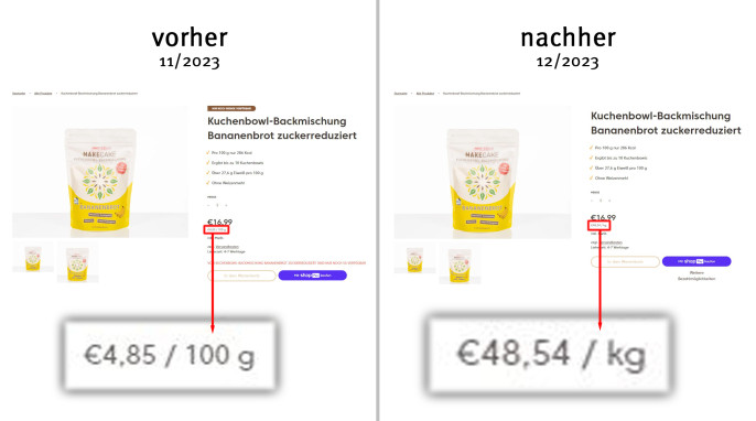 alt: Angebot, Kuchenbowl Backmischung Bananenbrot, make-cake.de, November 2023; neu: Dezember 2023