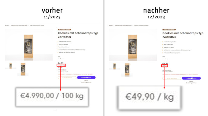 alt: Angebot, Cookies mit Schokodrops Typ Zartbitter, make-cake.de, November 2023 ; neu: Dezember 2023