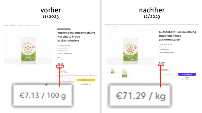 alt: Angebot, Kuchenbowl Backmischung Haselnussprobe zuckerreduziert, make-cake.de, November 2023; neu: Dezember 2023