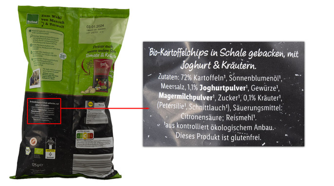 Bezeichnung und Zutaten, Snack Day Bio Kessel Chips Kräuterquark Style 