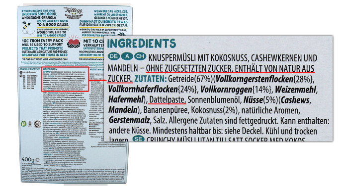 Bezeichnung + Zutaten, W.K. Kellog No added sugar Crunchy Müsli 