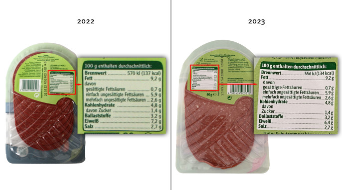 Rückseite, Vegane Mühlen Salami klassisch, 2022; Rückseite, Vegane Mühlen Salami klassisch, 2023