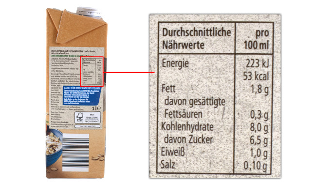 Nährwerte, Rewe Bio + vegan Hafer Drink ohne Zuckerzusatz*