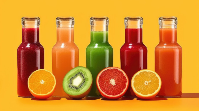 5 Saftflaschen mit passendem Obst