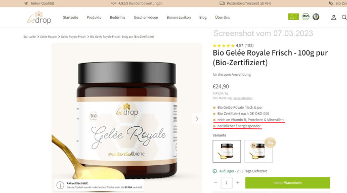 Angebot Gelée Royale, bedrop.de, 07.03.2023