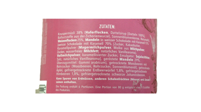 Zutaten, OneDayMore Müsli Mandeln in Karamell-Schokolade mit gefriergetrockneten Erdbeeren und Himbeeren