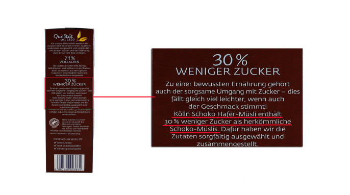 Werbung, Kölln Schoko Hafer Müsli, 30 % weniger Zucker