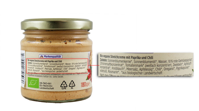 Bezeichnung + Zutaten, dm Bio Streichcreme Paprika-Chili