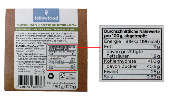 Nährwerte, followfood Thunfisch Filets in nativem Bio Olivenöl extra