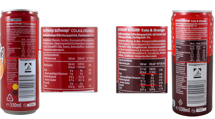 Bezeichnung + Zutaten + Nährwerte, PepsiCo Schwip Schwap Cola & Orange
