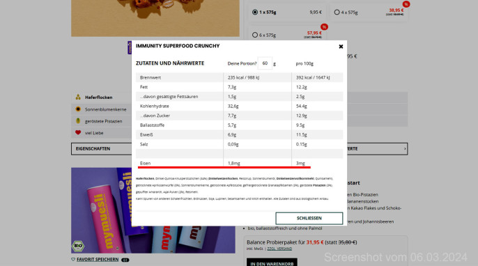Zutaten+ Nährwerte, Mymuesli Immunity Superfood Crunchy, Mymuesli.com, 06.03.2024 