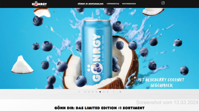 Gönrgy Energydrinks, Beispiel Sorte Blueberry Coconut Geschmack, goenrgy.de, 13.03.2024