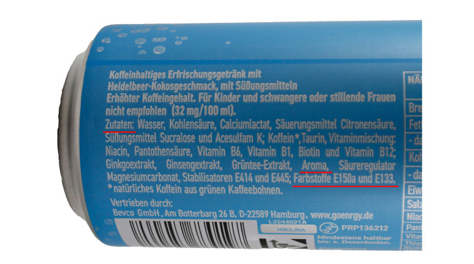 Zutaten, Gönrgy Energydrinks, Beispiel Sorte Blueberry Coconut Geschmack