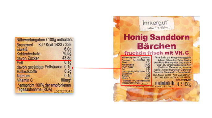 Nährwerte, Imkergut Honig-Sandorn Bärchen, Imkergut.de, 12.03.2024