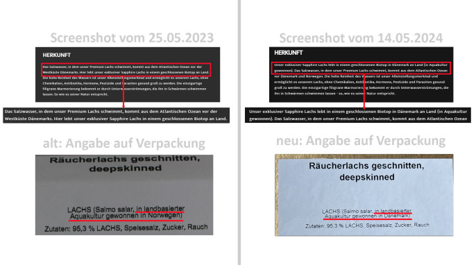 alt: Herkunft, Safer Salmon Räucherlachs geschnitten, safersalmon.de, 25.05.2023 und Verpackung; neu: 14.05.2024