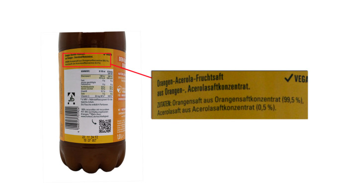 Bezeichnung + Zutaten, hohes C 100 % Orange mit Acerola, mild