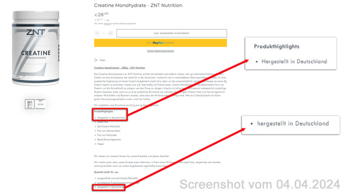 Angebot, ZNT Creatine Monohydrate, znt-nutrition.shop, 04.04.2024