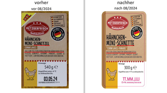 alt: Metzgerfrisch Hähnchen-Mini-Schnitzel Cornflakes, bis 08/2024; neu: Metzgerfrisch Hähnchen-Mini-Schnitte Cornflakes, Herstellerfoto, ab 08/2024