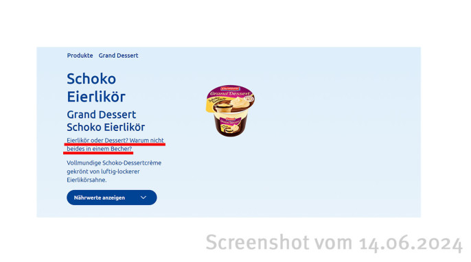 Produktdarstellung Ehrmann Grand Dessert Schoko Eierlikör, ehrmann.de, 12.04.2024