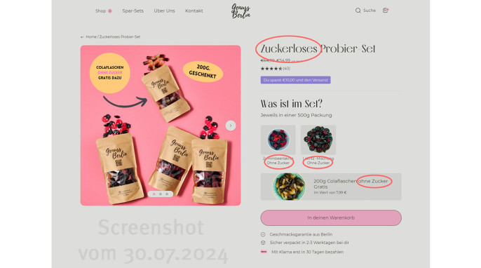 Angebot, Zuckerloses Probier-Set, Deingenussberlin.de, 30.07.2024