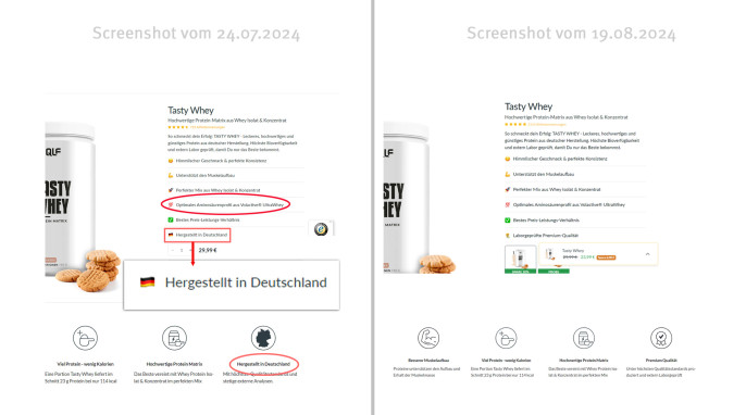 Angebot und Herkunft, QLF Tasty Whey, Quantumleapfitness.de, 24.07.2024; 19.08.2024