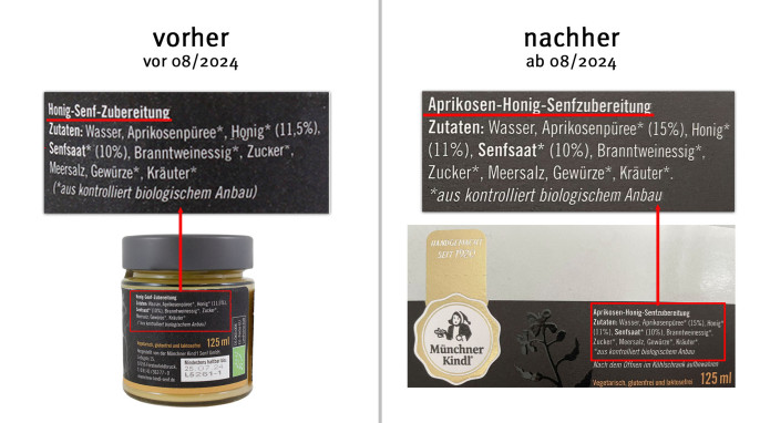 alt: Münchner Kind'l Honig Senf, bis 08/2024; neu: ab 08/2024, Herstellerfoto