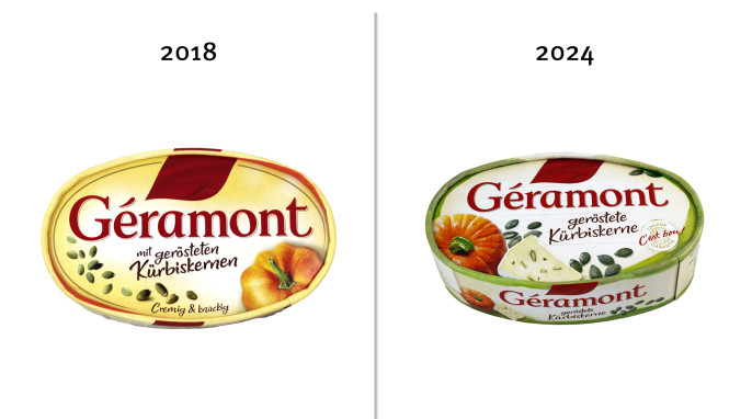 Doppelbild: Géramont mit gerösteten Kürbiskernen, Cremig & knackig, 2018; Géramont geröstete Kürbiskerne, 2024