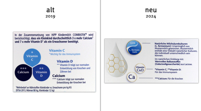 alt: Werbung, Hipp Kindermilch Combiotik 2019; neu: 2024