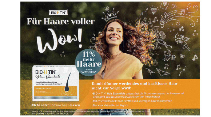 Anzeige „Bio∙H∙Tin Für Haare voller WOW“ in der Zeitschrift Freundin Nr. 26/2022, Seite 75