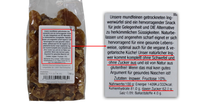 Als weitere Zutat enthält der getrocknete Ingwer zehn Prozent Fruktose, also Fruchtzucker. Insgesamt enthält das Produkt 62 Prozent Zucker.