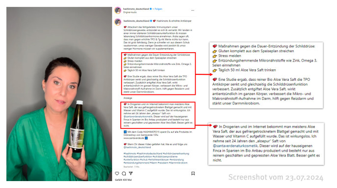 Influencerin auf Instagram, die den Aloe Saft bewirbt