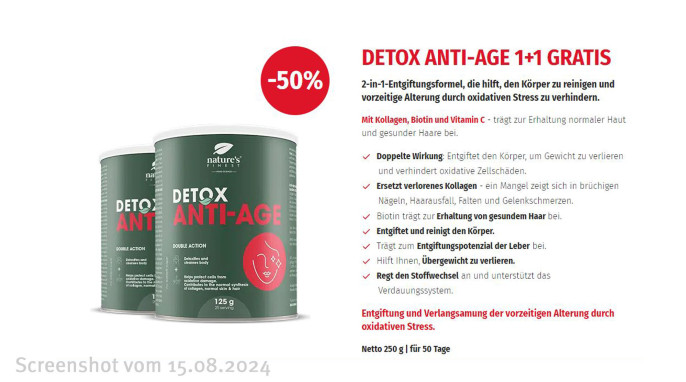 Auf der Verpackung steht „Detox Anti-Age“ und mehrere Werbeaussagen wie Entgiftungsformel, die hilft, den Körper zu reinigen.