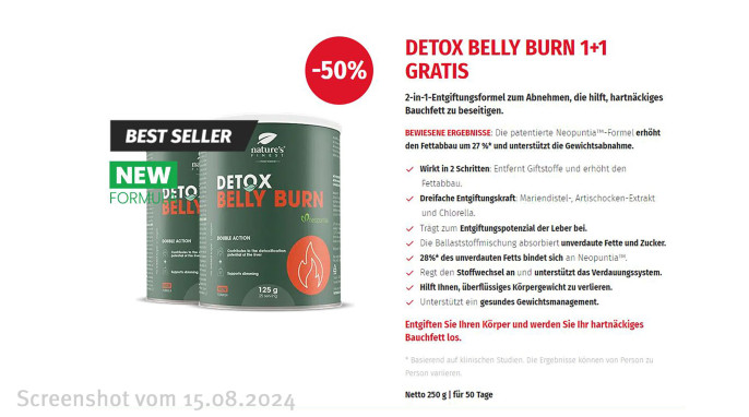 Auf der Verpackung steht „Detox Belly Burn“ und mehrere Werbeaussagen wie Entgiftungsformel zum Abnehmen.