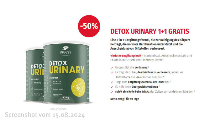 Auf der Verpackung steht „Detox Urinary“ und mehrere Werbeaussagen wie Entgiftungsformel, die zur Reinigung des Körpers beiträgt.